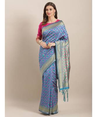 turquoise printed Silk blend saree with blouse 1