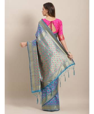 turquoise printed Silk blend saree with blouse 2