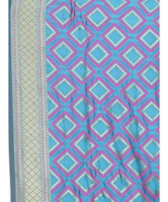 turquoise printed Silk blend saree with blouse 4