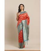 Red printed Silk blend saree with blouse