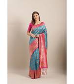 turquoise printed Silk blend saree with blouse