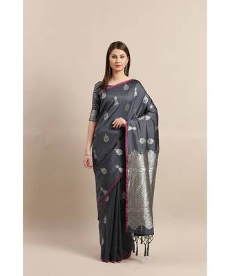 Grey printed Silk blend saree with blouse 1
