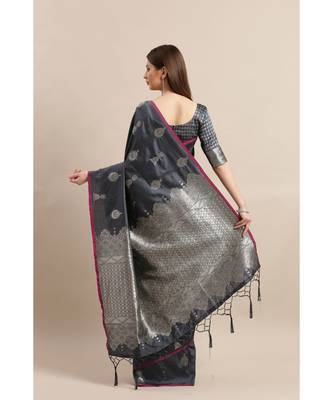 Grey printed Silk blend saree with blouse 2