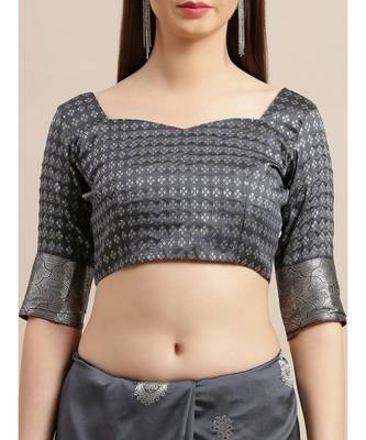 Grey printed Silk blend saree with blouse 3