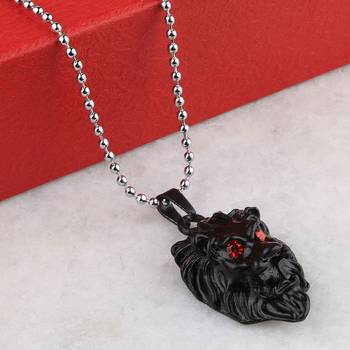 Silver Plated Stylist Chain With Lion Design Black Pendant With Diamond For Man Boys 2