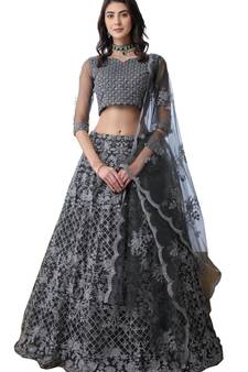 Grey Thread Embroidered With Stone Pasting Net Semi Stitched bridal lehenga