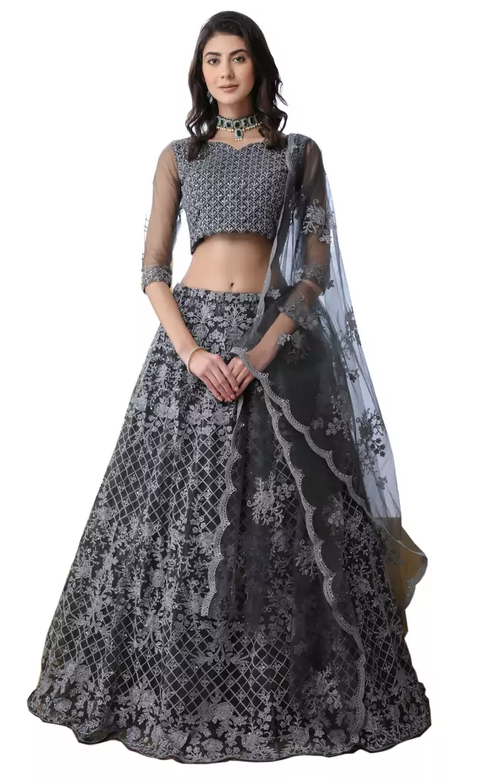 Grey Thread Embroidered With Stone Pasting Net Semi Stitched bridal lehenga