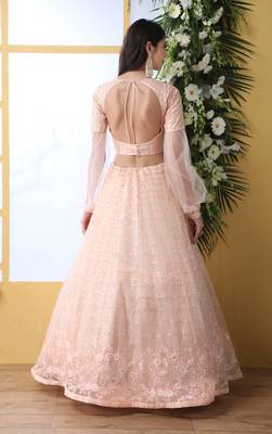 Delightful Peach Thread and Sequins Embroidered Net Lehenga Choli 2