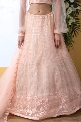 Delightful Peach Thread and Sequins Embroidered Net Lehenga Choli 4