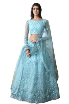 Sky Blue Thread Embroidered With Stone Pasting Net Semi Stitched bridal lehenga