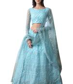 Bewitching Sky Blue Thread Embroidered With Stone Pasting Semi Stitched Net lehenga