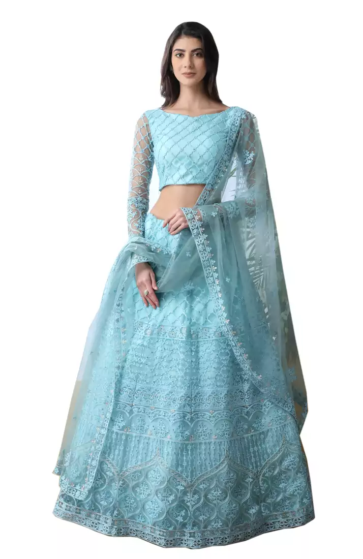 Sky Blue Thread Embroidered With Stone Pasting Net Semi Stitched bridal lehenga