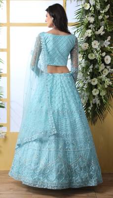 Bewitching Sky Blue Thread Embroidered With Stone Pasting Semi Stitched Net lehenga 2