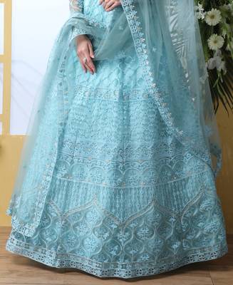 Bewitching Sky Blue Thread Embroidered With Stone Pasting Semi Stitched Net lehenga 4