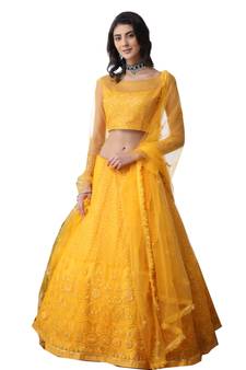 Mustard Thread Embroidered With Stone Pasting Net Semi Stitched Lehenga Choli With Dupatta
