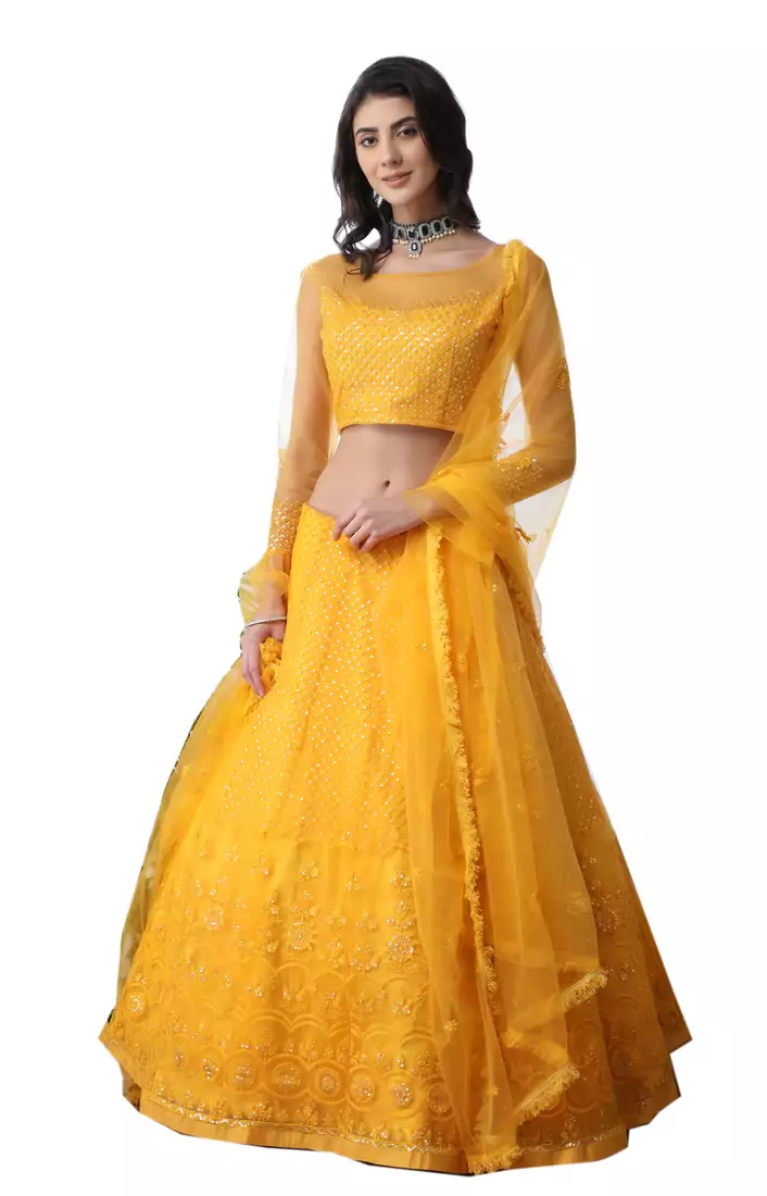 Mustard Thread Embroidered With Stone Pasting Net Semi Stitched Lehenga Choli With Dupatta