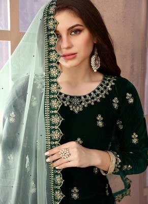 Dark-green embroidered velvet salwar 2