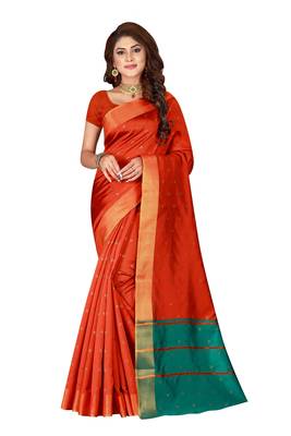 Blissta Orange Cotton Silk Blend Border Work Saree With Running Blouse 1