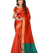 Blissta Orange Cotton Silk Blend Border Work Saree With Running Blouse