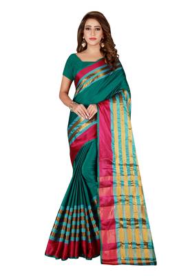 Blissta Turquoise Cotton Blend Woven Saree With Running Blouse 1