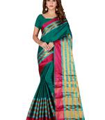 Blissta Turquoise Cotton Blend Woven Saree With Running Blouse
