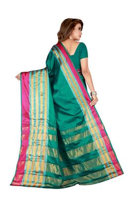 Blissta Turquoise Cotton Blend Woven Saree With Running Blouse 2