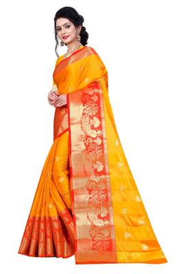 Blissta Gold Cotton Silk Jacquard Butta Work Saree With Running Blouse 5