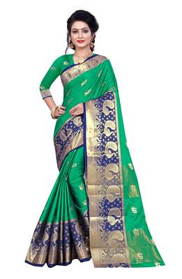 Blissta SeaGreen Cotton Silk Jacquard Butta Work Saree With Running Blouse 1