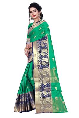 Blissta SeaGreen Cotton Silk Jacquard Butta Work Saree With Running Blouse 4