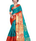 Blissta Turquoise Cotton Silk Jacquard Butta Work Saree With Running Blouse