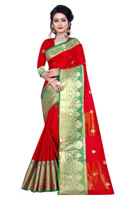 Blissta Red Cotton Silk Jacquard Butta Work Saree With Running Blouse 1