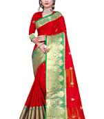 Blissta Red Cotton Silk Jacquard Butta Work Saree With Running Blouse