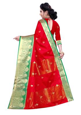 Blissta Red Cotton Silk Jacquard Butta Work Saree With Running Blouse 2