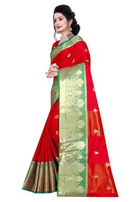 Blissta Red Cotton Silk Jacquard Butta Work Saree With Running Blouse 5
