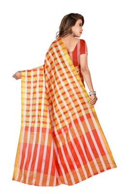 Blissta Beige Poly Silk Checks Printed Saree With Contrast Running Blouse 2