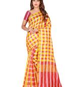 Blissta Gold Poly Silk Checks Printed Saree With Contrast Running Blouse