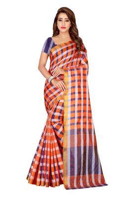 Blissta Orange Poly Silk Checks Printed Saree With Contrast Running Blouse 1
