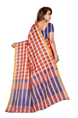 Blissta Orange Poly Silk Checks Printed Saree With Contrast Running Blouse 2