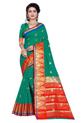 Blissta Turquoise Pure Cotton Jacquard Saree With Running Blouse 1