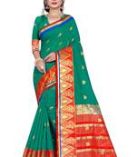 Blissta Turquoise Pure Cotton Jacquard Saree With Running Blouse