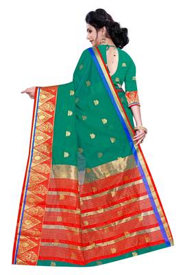 Blissta Turquoise Pure Cotton Jacquard Saree With Running Blouse 2