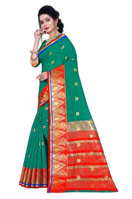 Blissta Turquoise Pure Cotton Jacquard Saree With Running Blouse 4