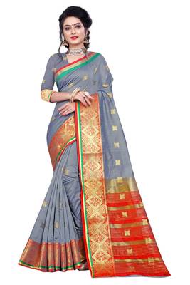 Blissta Grey Pure Cotton Jacquard Saree With Running Blouse 1