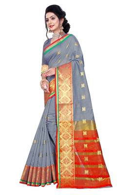 Blissta Grey Pure Cotton Jacquard Saree With Running Blouse 4