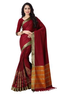 Maroon woven cotton saree with blouse 1