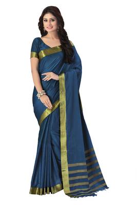 Blue woven cotton saree with blouse 1