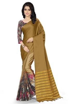 Yellow printed silk saree with blouse 1