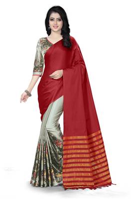Red printed silk saree with blouse 1