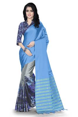 Sky blue printed silk saree with blouse 1