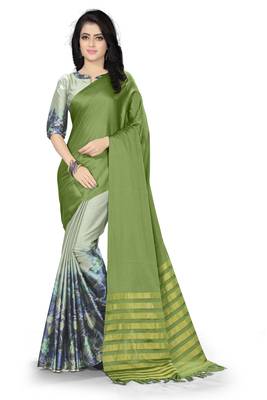 Green printed silk saree with blouse 1